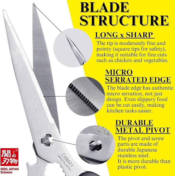 CANARY Japanese Kitchen Scissors for Food 9.5" [Long Blade] Heavy Duty Kitchen Shears, Dishwasher Safe Come Apart Blade, Japanese Stainless Steel Blade, Made in JAPAN
