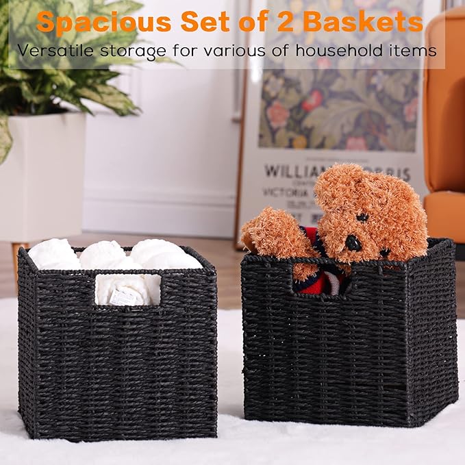 Vagusicc Storage Basket, Set of 2 Hand-Woven Storage Baskets for Organizing with Handles, Foldable Cube Storage Baskets Bins Organizer, 13 inch Large Wicker Baskets for Shelves & Decor, Black