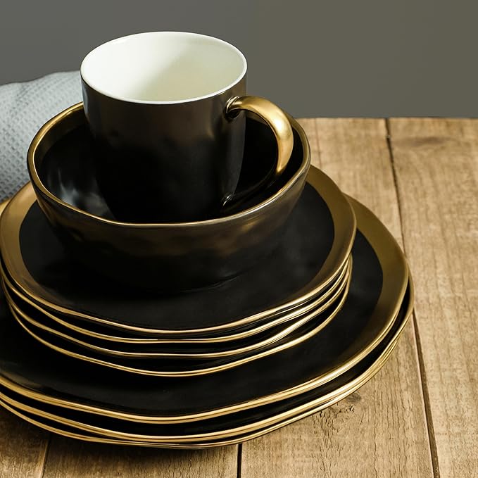 Stone Lain Florian Modern Porcelain 16 Piece Dinnerware Set, Plates and Bowls Set, Dish set for 4, Black And Golden Rim