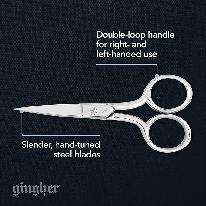 Gingher Embroidery Scissors, Precision Craft Scissors, Hand-Tuned Blades & Double Loop Handle, 4”, Silver/Nickel