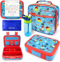 Bento Box with Insulated Lunch Bag, Ice Pack & Water Bottle Set for Kids - 5 Compartments Removable Tray Lunches or Snack Container Boys Toddlers Daycare Pre-School, Blue Pirates