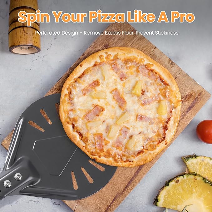 9” Pizza Turning Peel - Pizza Turner - Restaurant-Grade Aluminum Perforated Pizza Peel Lightweight Metal Outdoor Pizza Oven Accessories