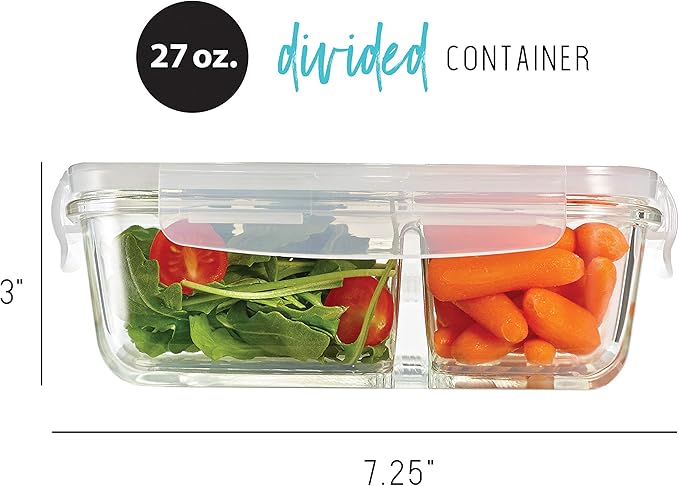 Fit & Fresh Divided, 5-Pack, Two Compartments, Set of 5 Containers with Locking Lids, Glass Storage, Meal Prep Containers with Airtight Seal, 27 oz.