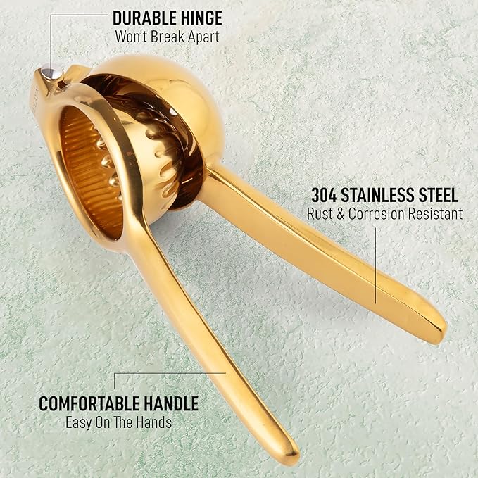 Zulay Kitchen Extra Large Lemon Squeezer Stainless Steel - Easy Squeeze Heavy Duty Lemon Juicer Hand Press - Ergonomic Citrus Squeezer & Fruit Juicer for Small Oranges, Lemons, & Limes - Gold