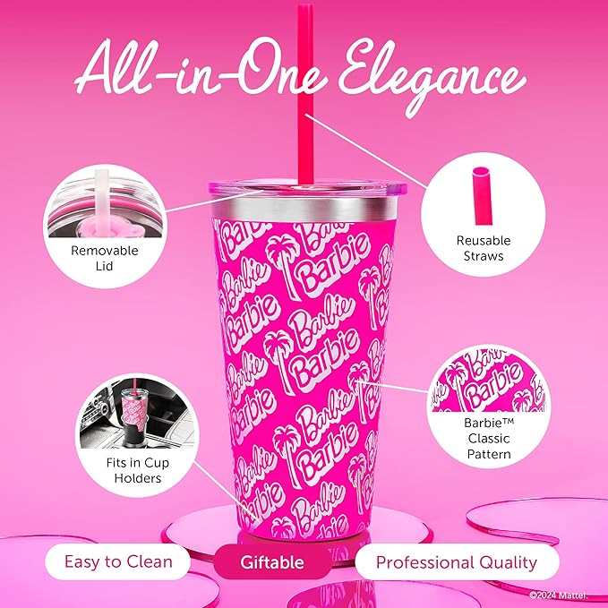 Dragon Glassware x Barbie Vacuum Insulated Tumbler with Lid and Straw - 16 oz Tumbler Cup with 2 Straws - Stainless Steel Tumbler with Straw for Water, Iced Tea - Travel Coffee Tumbler - Classic