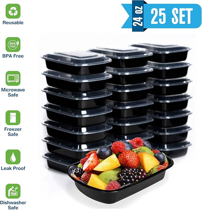 Meal Prep Container Reusable with Lids [25 Set] 24oz. Ideal-Food Prep Containers, Food Storage Bento Box, Portion Control | Stackable | Microwave | Dishwasher | Freezer Safe