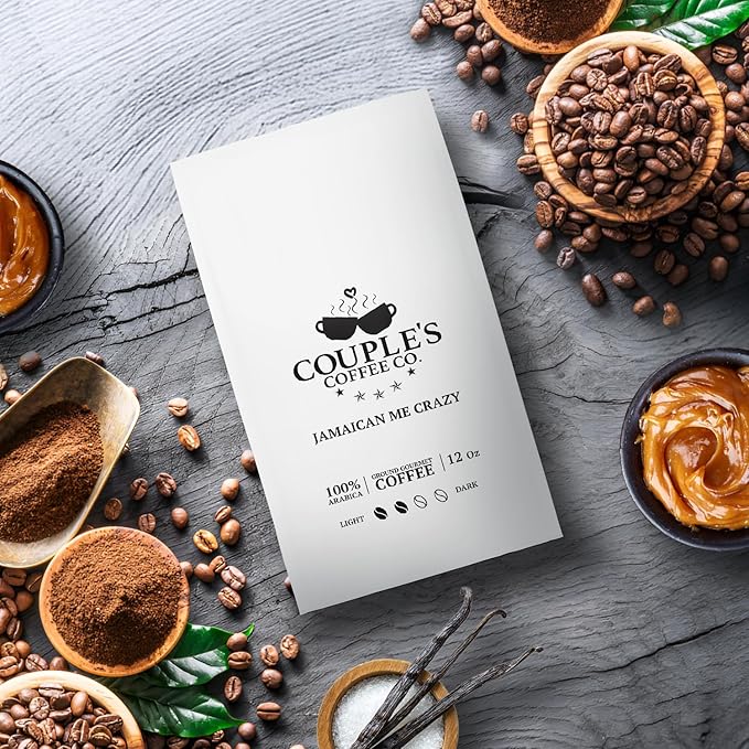 Couple’s Coffee Ground Coffee | Gives Back to Military Families | Jamaican Me Crazy | Vanilla, Caramel, and Rum Flavored Coffee | Made with 100% Arabica Beans | 12oz bag brews about 34 cups