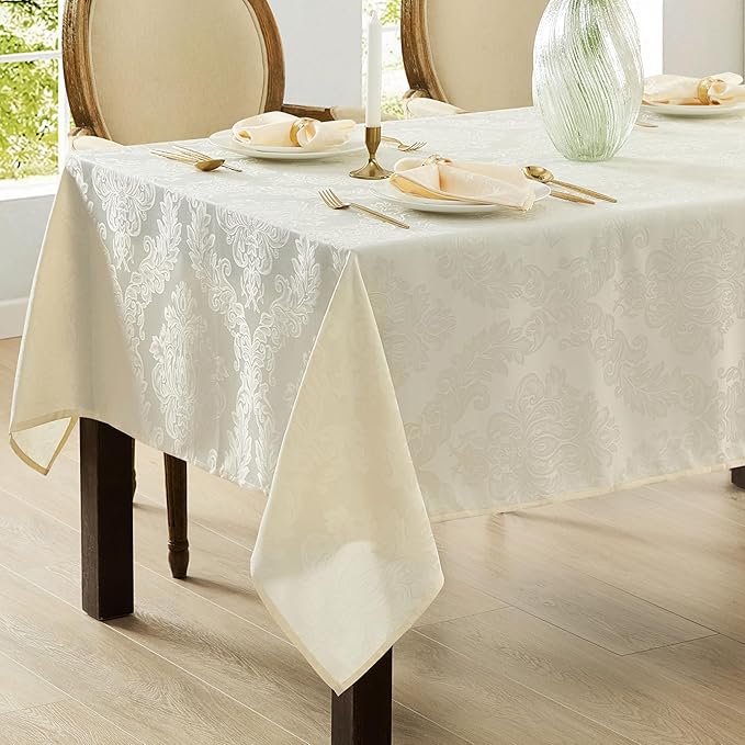 Newbridge Barcelona Luxury Damask Fabric Tablecloth, 60” Wide x 102” Rectangle, Antique White, 100% Polyester, No Iron, Soil Resistant Dining Room, Party and Banquet Table Cover