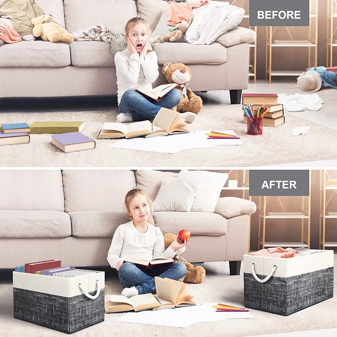 Fab totes Storage Bins [8-Pack], Foldable Storage Baskets for Organizing Toys, Books, Shelves, Closet, Large Storage Box with Rope Handles, Sturdy Organizer Bins, White & Black