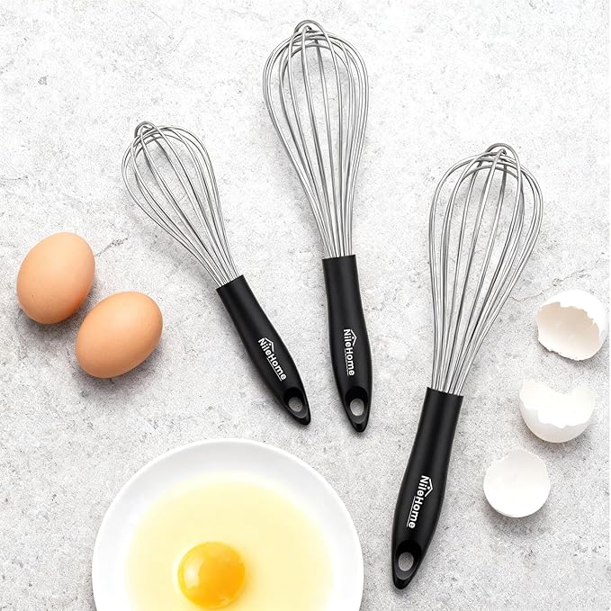 NileHome Silicone Whisk Set 8" 10" 12", 3 Pack Kitchen Whisk Kitchen Wisk Wire Whisks for Cooking, Whisking, Blending, Beating, Stirring-Black Silver