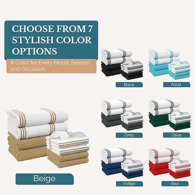 Casa Platino Kitchen Dish Cloths and Dish Towels, 8 Pc Cotton Set with Dual Designs for Drying and Surface Care, Soft and Stylish Helpers for Warm-Toned Kitchens – Beige