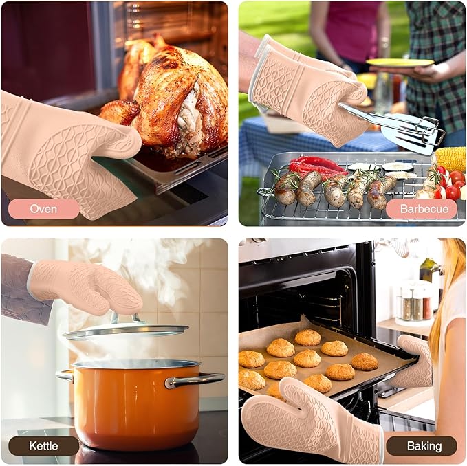 Silicone Oven Mitts, Heat Resistant 2PCS Oven Mitts with Soft Cotton Lining, Waterproof Non-Slip Grip Oven Glove, Kitchen Potholder Mits for BBQ, Baking, Cooking, 12.5 Inch - Pink