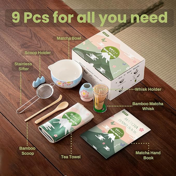Clay&Fire Matcha Whisk Set，9 Pcs Ceramic Matcha Set, 15 OZ Matcha Bowl with Spout and Whisk，Matcha Kit for Friend, Ideal Gift for Matcha Lover（Cherry）