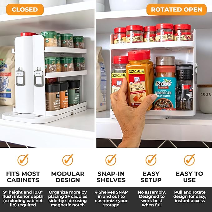 Cabinet Caddy SNAP! Spice Rack Organizer for Cabinet - Slide & Rotate Seasoning Organizer - 3 Snap-In Adjustable Shelves for 5 Tier of Storage - Magnetic Modular Design - 8.9”H x 6.1”W x 10.8”D