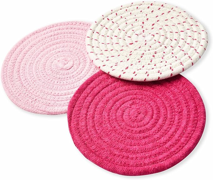 Kitchen Potholders Set Trivets Set 100% Pure Cotton Thread Weave Hot Pot Holders Set (Set of 3) Stylish Coasters, Hot Pads, Hot Mats, Spoon Rest For Cooking and Baking by Diameter 7 Inches (Pink)