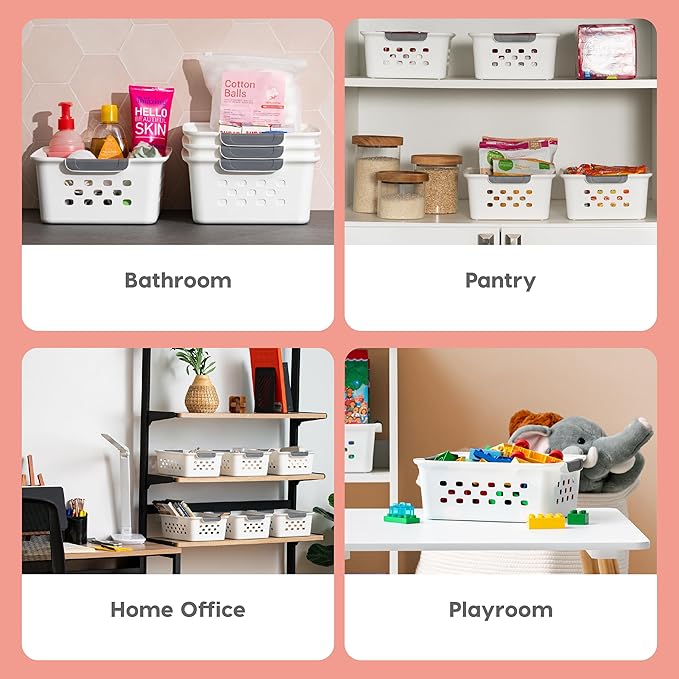 IRIS USA Plastic Basket, 12-Pack, Small, Shelves Storage Basket for Organizing Pantry Kitchen Cabinet Bedroom Bathroom Office Craft Room, White