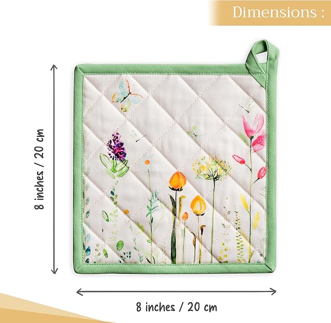 Maison d' Hermine Pot Holders set 100% Cotton Heat Resistant Potholders 8" x 8" Hot Pads with Loop BBQ, Cooking, Baking, Grilling, Kitchen, Handling Hot Pans Spring/Summer (Pack of 2, Botanical Fresh)
