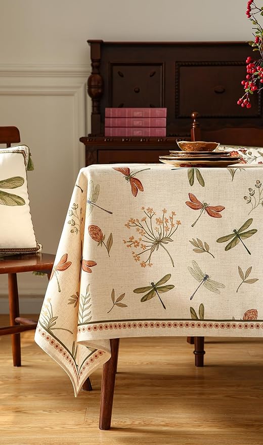 ISAENNE Designer Floral Linen Tablecloth Rectangular,French Off White Elegant Table Cloth,Washable Home Decor Tablecloths for Dining Thanksgiving Kitchen Christmas Party,55"*87"-Grace B