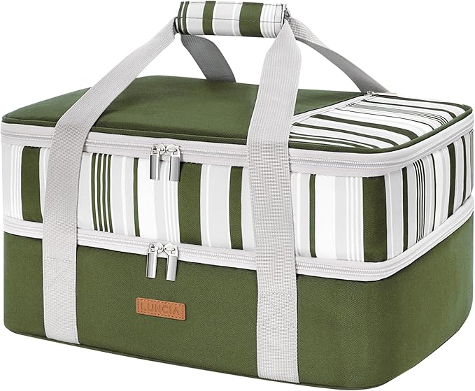 LUNCIA Double Decker Insulated Casserole Carrier for Hot or Cold Food, Lasagna Holder Tote for Potluck Parties/Picnic/Cookouts, Fits 9"x13" Baking Dish, Dark Green