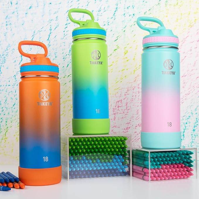 Takeya Actives Water Bottle with Straw Lid - Durable & Easy-Care Water Bottle with Stainless Steel Insulation - BPA-Free Lid with Carry Handle & Straw - Dishwasher-Safe - 18 oz, Ombre Dream