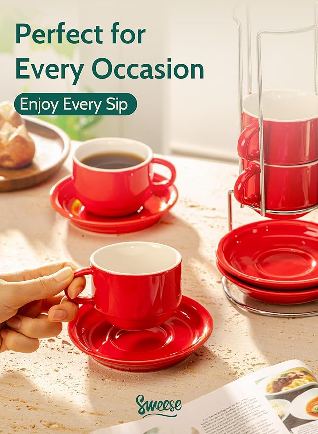 Sweese 8 Ounce Porcelain Stackable Cappuccino Cups with Saucers and Metal Stand - for Specialty Coffee Drinks, Cappuccino, Latte, Americano and Tea - Set of 4, Red