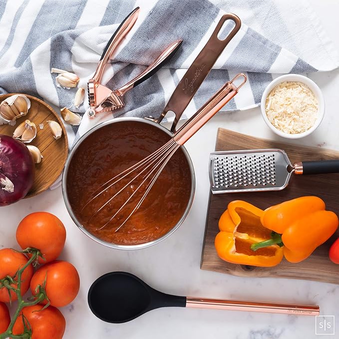 Black and Copper Kitchen Utensils with Holder - 17 Piece Set with Measuring Cups and Spoons, Rose Gold Cooking Tools - Stylish Black and Copper Kitchen Accessories for Modern Cooking and Baking