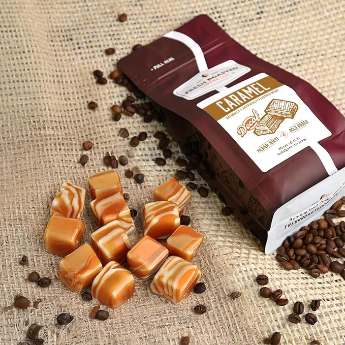 Fresh Roasted Coffee, Decaf Caramel Flavored Coffee, 12 oz, Medium Roast, Kosher, Whole Bean