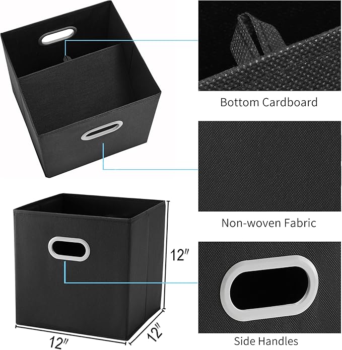MAX Houser Fabric Storage Bins Cubes Baskets Containers with Dual Plastic Handles for Home Closet Bedroom Drawers Organizers (Black)