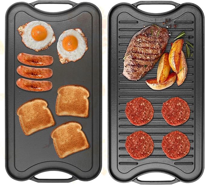 2 in 1 Reversible Cast Iron Griddles for Gas Grill,Flat Griddle-Pan for Gas Stove,Pre-Seasoned Oven Top Pan, Upgrade Double Burner Griddle for Indoor & Outdoor Cooking Accessories,20" X 10.5"