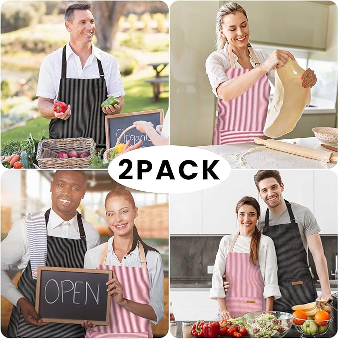 2 Pack Adjustable Bib Apron with 2 Pockets Chef Cooking Kitchen Restaurant Aprons for Women Men