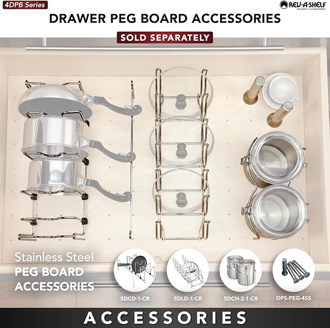 Rev-A-Shelf Trimmable Pegboard Drawer Divider Organizer, Trim to Fit Wooden Kitchen Cabinet Storage Utensil, Pots & Dish Rack, 24" x 21", 4DPS-2421