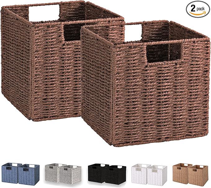 Vagusicc Wicker Storage Basket, Set of 2 Hand-Woven Storage Baskets for Shelves, Foldable Cube Storage Baskets Bins with Handles, 9 inch Small Wicker Baskets for Organizing Pantry Bedroom, Brown