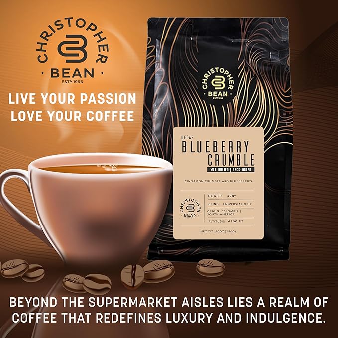 Christopher Bean Coffee - Certified Kosher - Decaf Ground Universal Drip Blueberry Crumble Flavored Coffee| Flavored Coffee with Medium Roast 100% Arabica, No Sugar, No Fats, Non-GMO | 10-Ounce