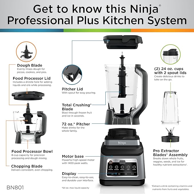 Ninja BN801 Professional Plus Kitchen System, 1400 WP, 5 Functions for Smoothies, Chopping, Dough & More with Auto IQ, 72-oz.* Blender Pitcher, 64-oz. Processor Bowl, (2) 24-oz. To-Go Cups, Grey