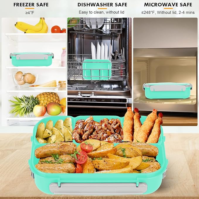 Bento Box, 1300ML Adult & Kids Lunch Box with 4 Compartment & Food Picks, Cake Cups, Leak-Proof, Microwave/Dishwasher/Freezer Safe (Green)