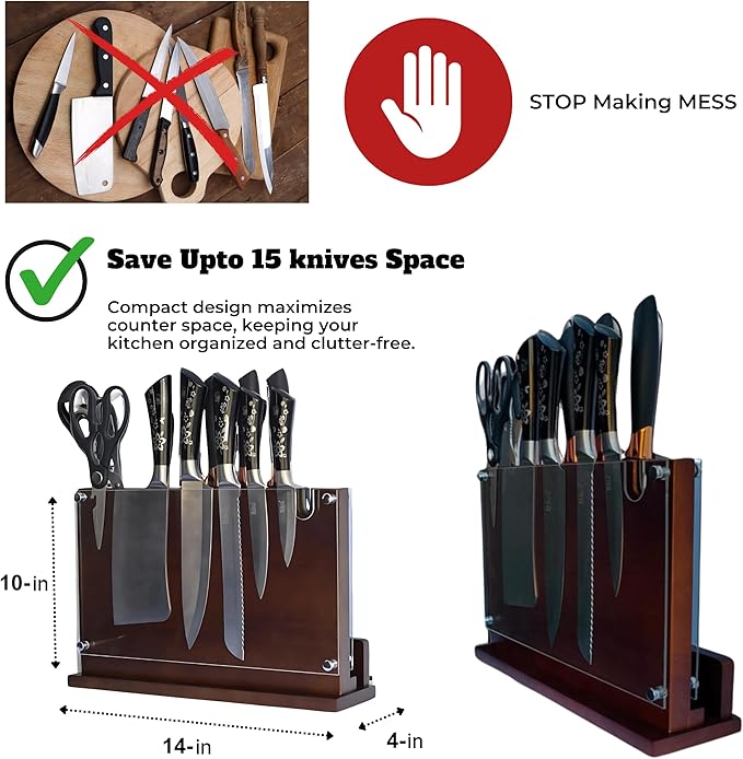 Magnetic Knife Holder Stand 14 x 10 Inches Extra Large Size with Knife Sharpener Wooden Double Sided Magnetic Knife Block Rack for Kitchen Counter with Cutting Board Slot & Acrylic, Sturdy & Durable