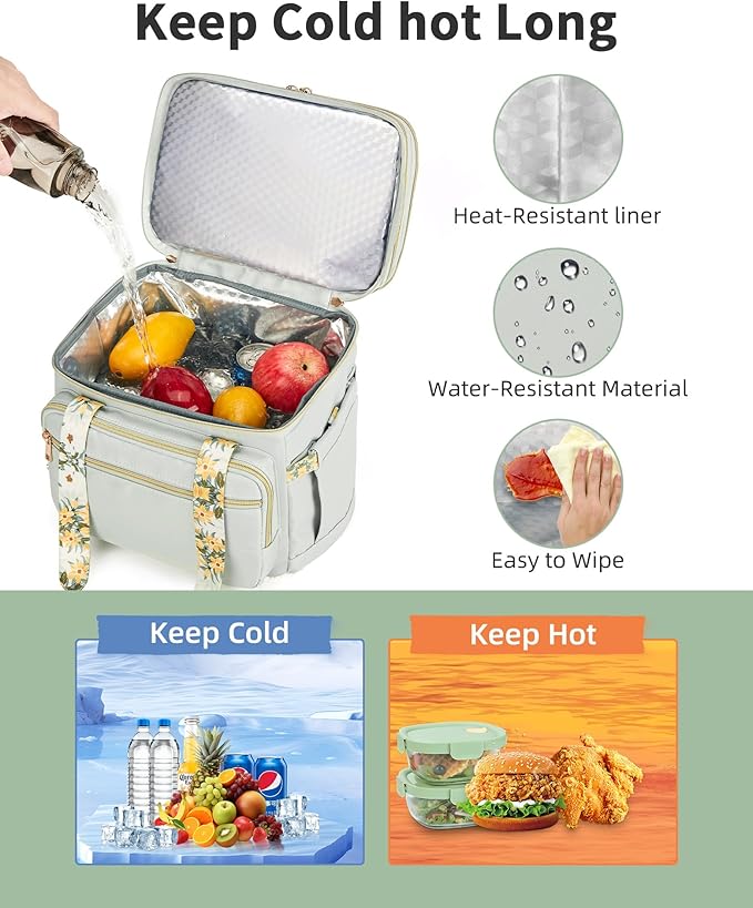 HSHRISH Lunch Box for Women, Double Deck Expandable Insulated Large Lunch Bag Women Leakproof Lightweight Lunch Cooler Bag Durable Lunchbox for Work Outdoor Travel, Green