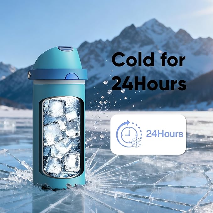 Insulated Water Bottle with Straw - Encool Stainless Steel Water Bottle with Push Button Lid, Leak-Proof & BPA-Free, Keeps Cold for 24 Hours for Sports, Travel, Gym (18 oz, Silk Blue)