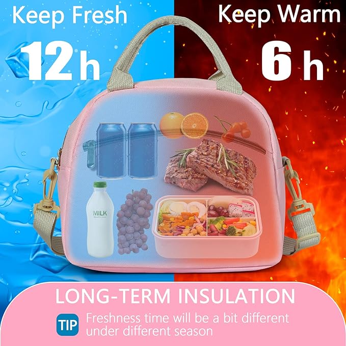 Lunch Bag Women Insulated Lunch Bag For Waterproof Lunch Cooler Bag Insulated Lunch Box For Women Portable Reusable Lunch Bag Two-Tone,With Adjustable Straps Can Be Used For Work,Pink and Grey