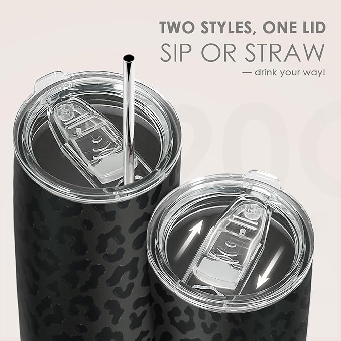 SANDJEST Leopard Print Tumbler 20oz Stainless Steel Insulated, Black Leopard Travel Coffee Cup, Bow Gifts for Women Girls Teen, Birthday Christmas