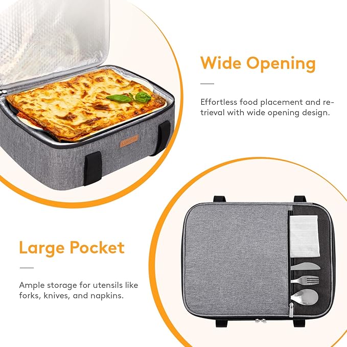 LUNCIA Insulated Casserole Carrier for Hot or Cold Food, Lasagna Lugger Tote for Potluck Parties/Picnic/Cookouts, Fits 8"x11" Baking Dish, Grey