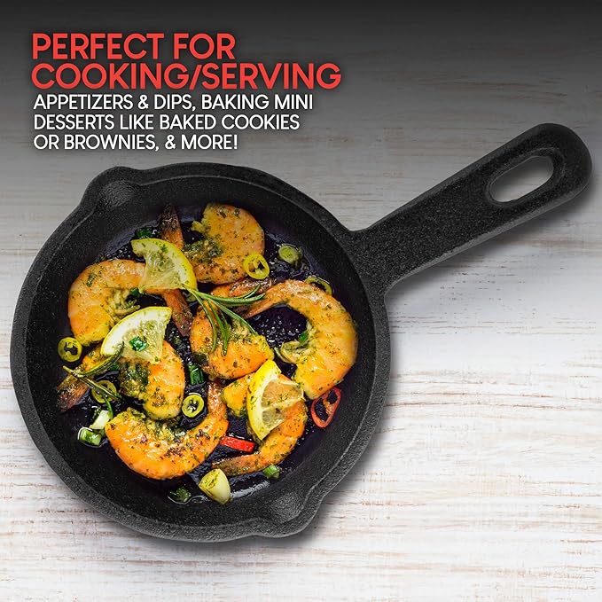 Modern Innovations Mini Black Cast Iron Skillet Set with Silicone Mitt (48 Count) - 3.5 Inch Pans, Pre Seasoned Small Skillets for Baked Cookie/Brownie or Cooked Eggs