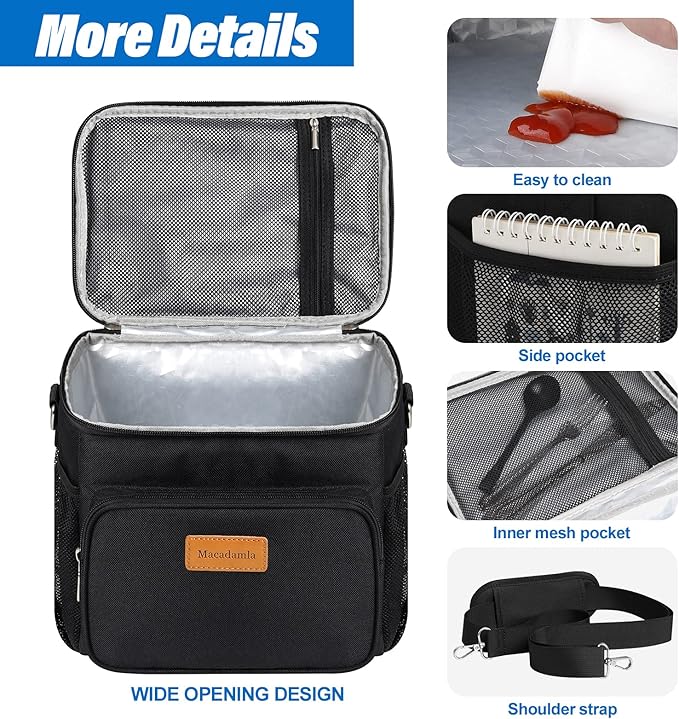 Macadamla Weinas Lunch bag for Women/Men,Reusable Lunch Box Leakproof Cooler Bag for Adult,Collapsible Lunch Bag with Adjustable Shoulder Strap for Work Office Picnic Beach Black