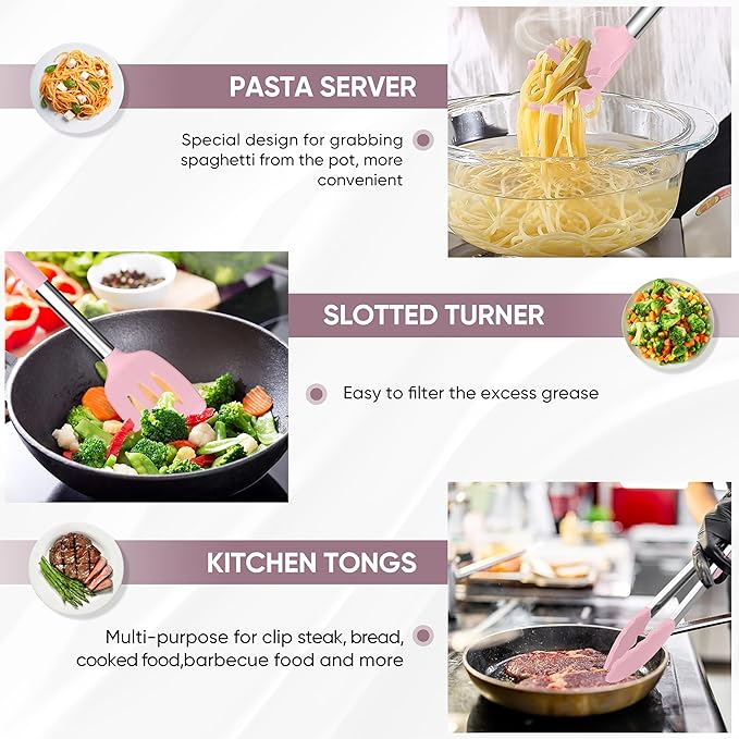 TeamFar Kitchen Utensils Set of 8, Silicone Utensils Kitchen Tools Set with Stainless Steel Handle, for Frying Serving Flipping Draining, Non-toxic & Heatproof, Nonstick & Dishwasher Safe - Pink