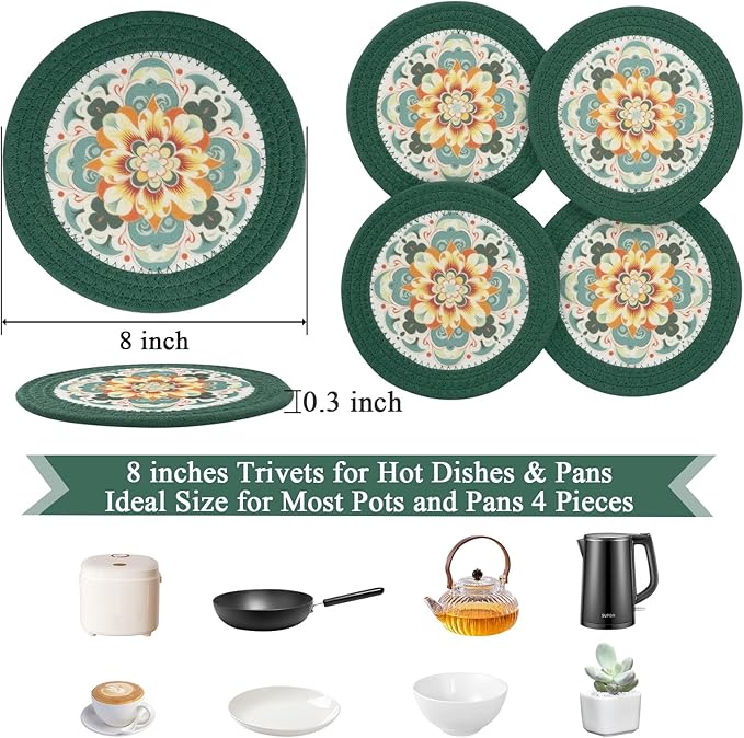 SHACOS 8 Inches Trivets for Hot Dishes, 4 Pieces Cotton and Felt Floral Trivets Mats for Kitchen, Hot Pads for Countertops and Table, Heat-Resistant Pot Holders for Hot Pots and Pans, Dark Green