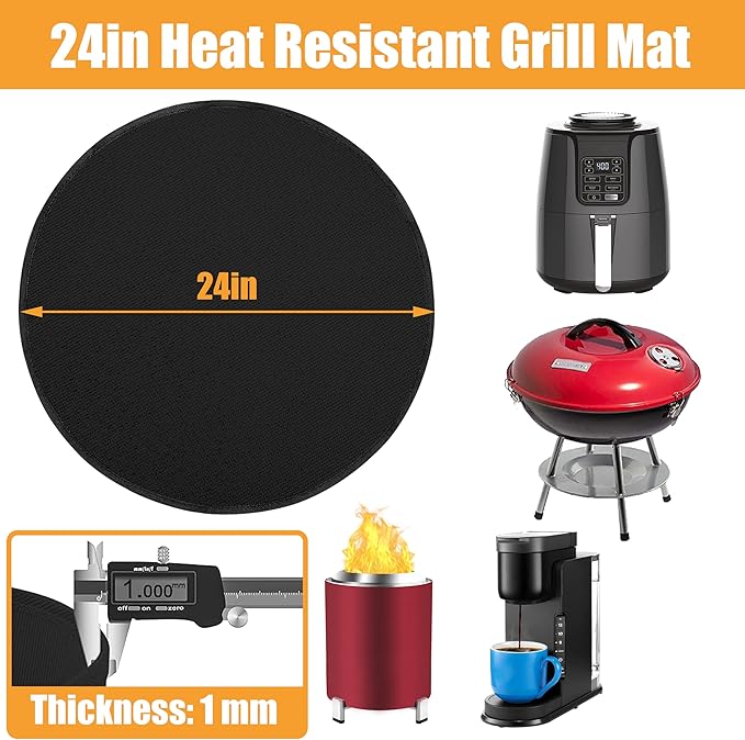 23.8 in Heat Resistant Grill Mat for Outdoor Tabletop Grill to Protect Your Prep Grill Table, Circle Heat Resistant Mats for Countertop, Fireproof & Water Proof & Oil Proof Tabletop Fire Pit Mat-Black