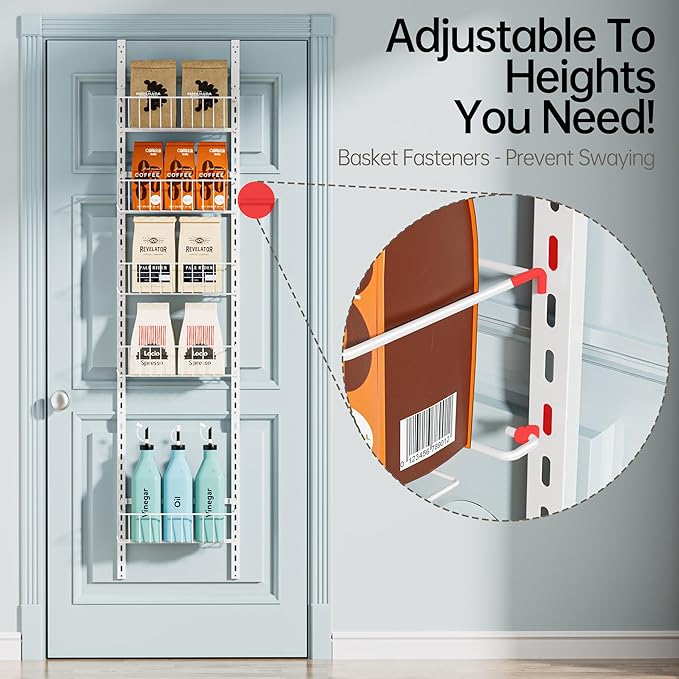 Delamu Pantry Door Organizer, Adjustable Metal Over the Door Pantry Organizer Rack, 6-Tier Over the Door Spice Rack, Kitchen Pantry Door Organizers and Storage, D5 W12 H52.1 inch, White, Small