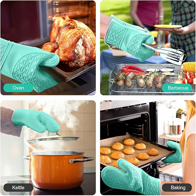Silicone Oven Mitts, Heat Resistant 2PCS Oven Mitts with Soft Cotton Lining, Waterproof Non-Slip Grip Oven Glove, Kitchen Potholder Mits for BBQ, Baking, Cooking, 12.5 Inch - Green
