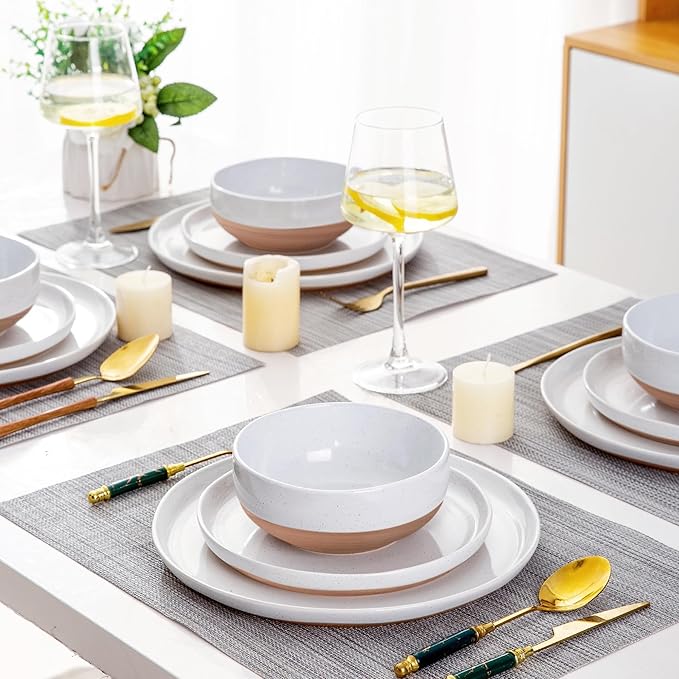 AmorArc Ceramic Dinnerware Sets with Pasta Bowls for 6, Handpainted Plates and Bowls Set with Rustic Terracotta Underside, Scratch Resistant Dishes Set, Dishwasher & Microwave Safe, 24 Pcs