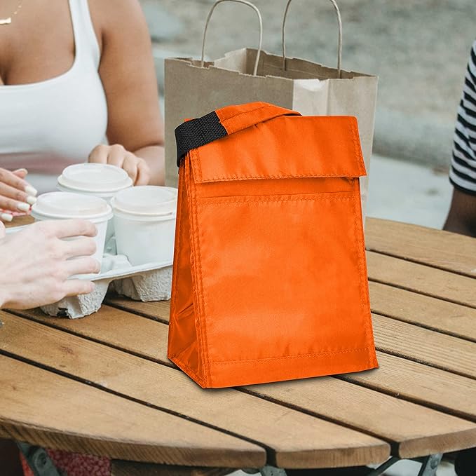 DISCOUNT PROMOS 10 Hook and Loop Insulated Lunch Bags Set - Polyester, Durable, Vibrant, Reusable - Orange